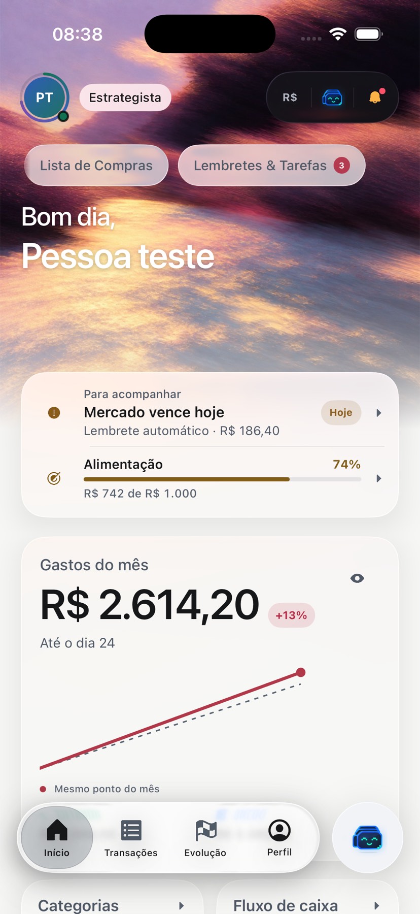 Real native FinBot Dashboard capture with a reminder, a food spending limit, and demo monthly spending.