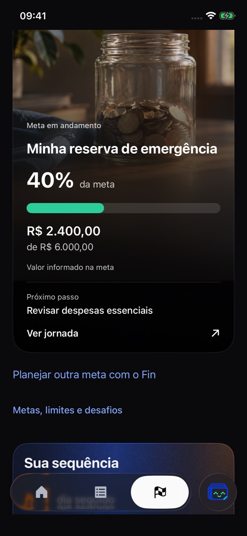 Real native Evolution section capture showing an emergency fund goal and demo progress.